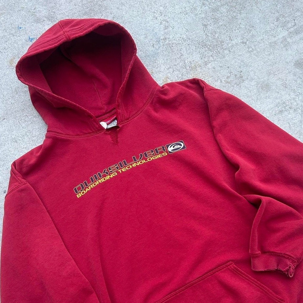 Vintage Quiksilver Hoodie XL Red Vintage Y2K Boardriding Technologies Distressed